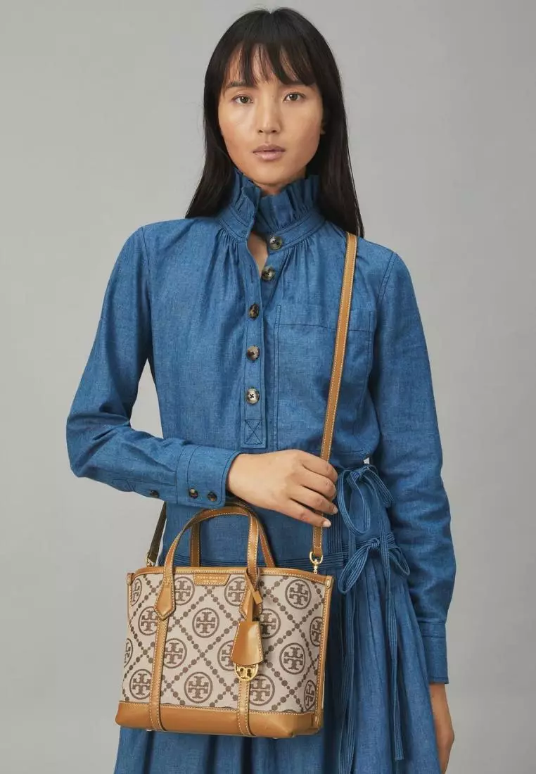 Tory Burch Perry T Monogram Small Triple-Compartment Tote Hazel