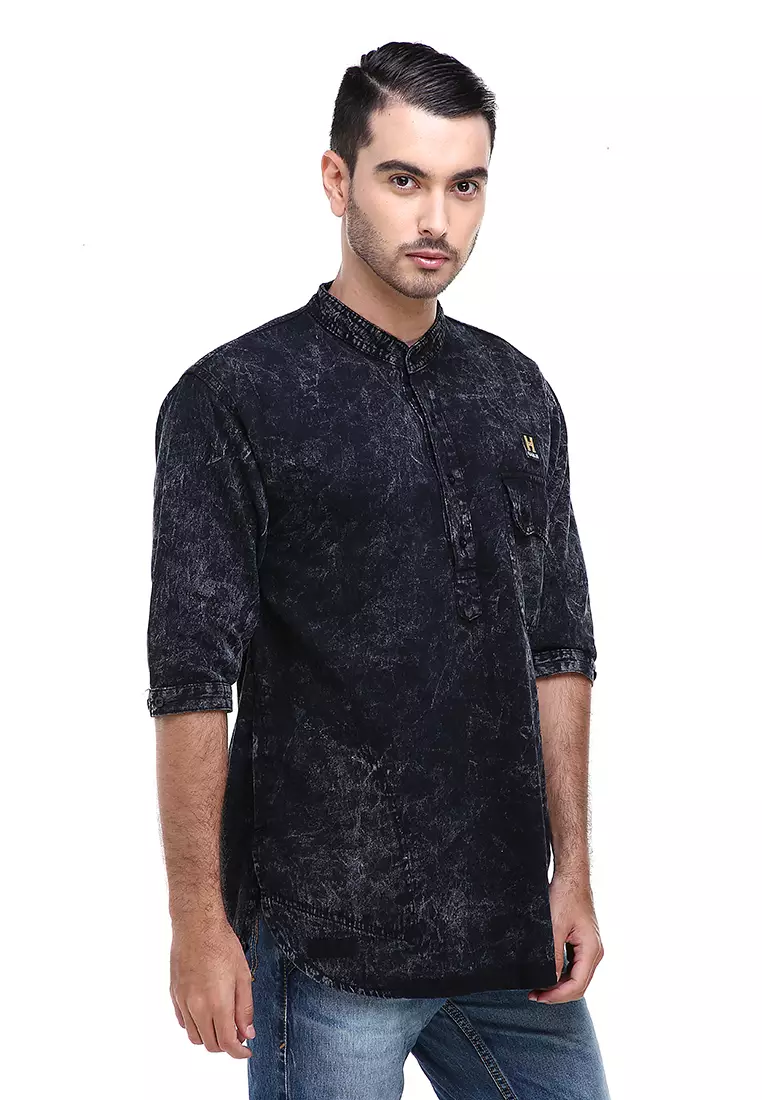 Dwan Shirt Kemeja Jeans Sandwash Pria Kasual Lengan Panjang Material Denim ORIGINAL - Black