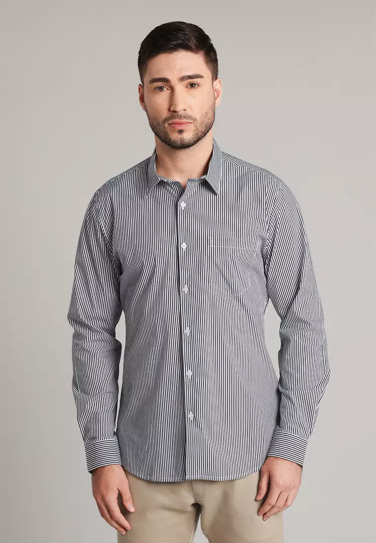 MOC Kemeja Lengan Panjang Stripes Pria Myles - Black