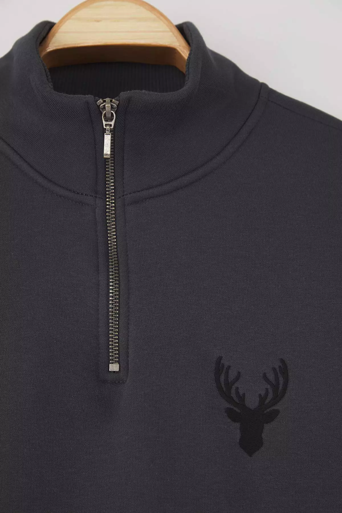 Anthracite Regular Cut Stand Collar Zippered Cotton Deer Embroidery Sweatshirt