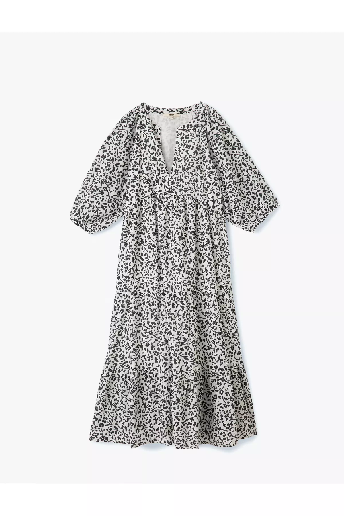 棉質內襯中式領燈籠袖長款花卉連身裙