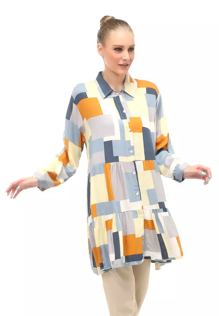 Tunik Atasan Wanita Long Sleeves Motif Abstrak Multicolor Relaxed Fit - Motif 2