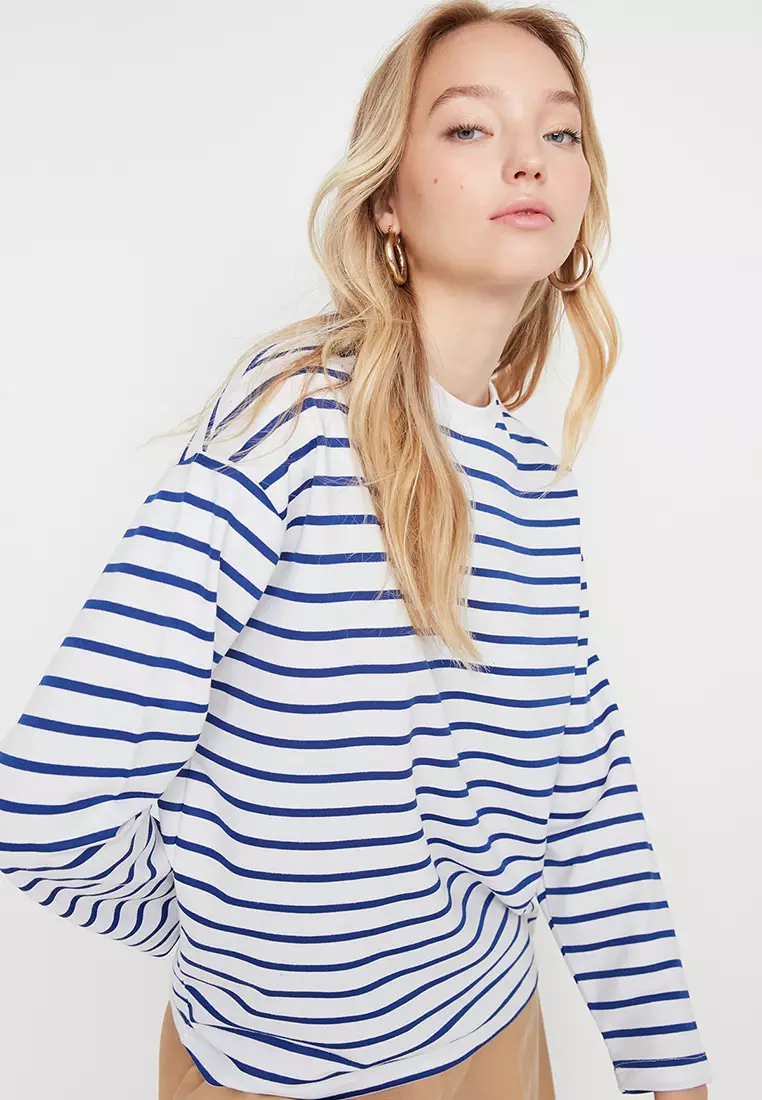 Striped Oversize/Wide-Fit Crew Neck Thin Knitted Sweatshirt