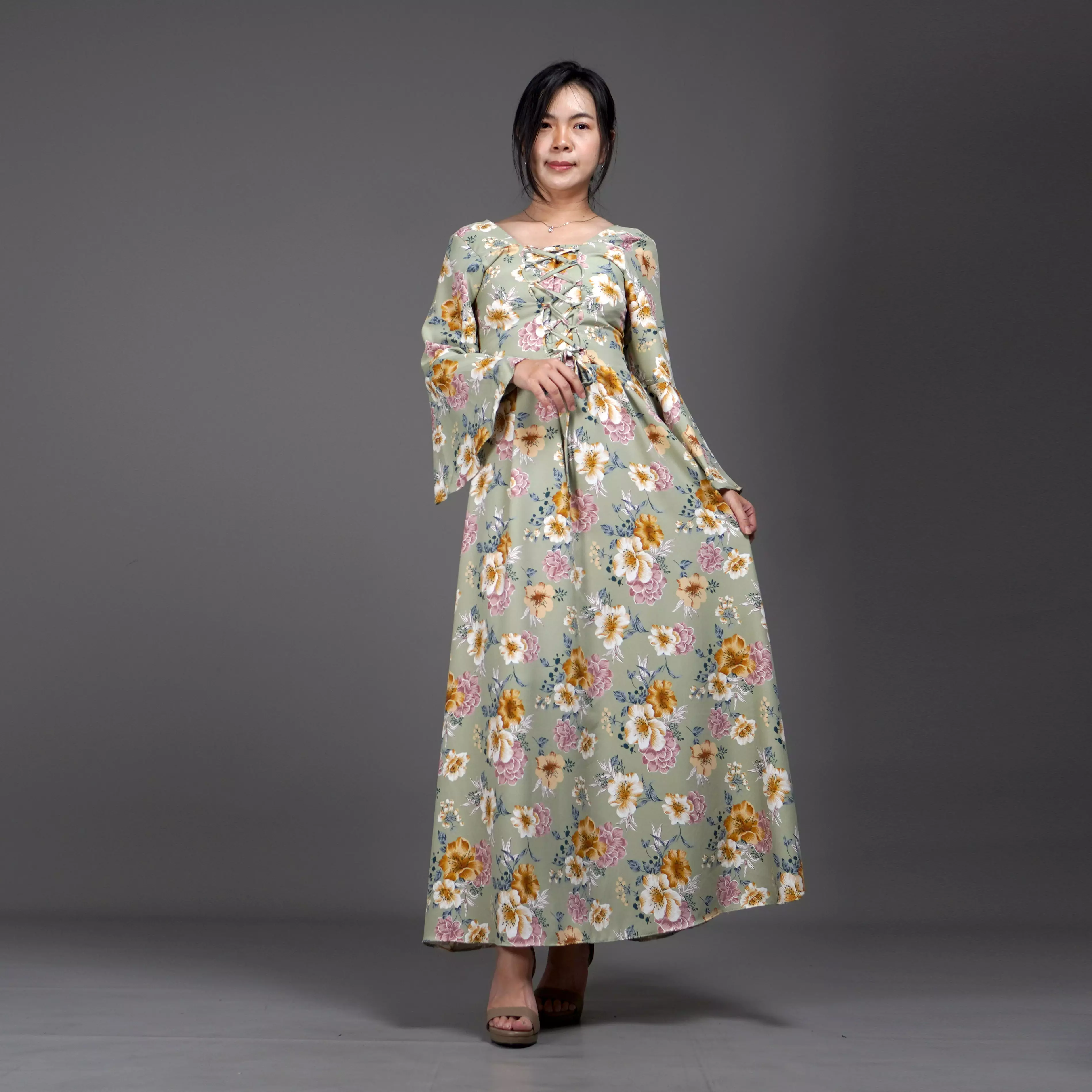 CLOVERIA Long Dress Motif Bunga Gaya Korea Dress Wanita Korean Style - Mint