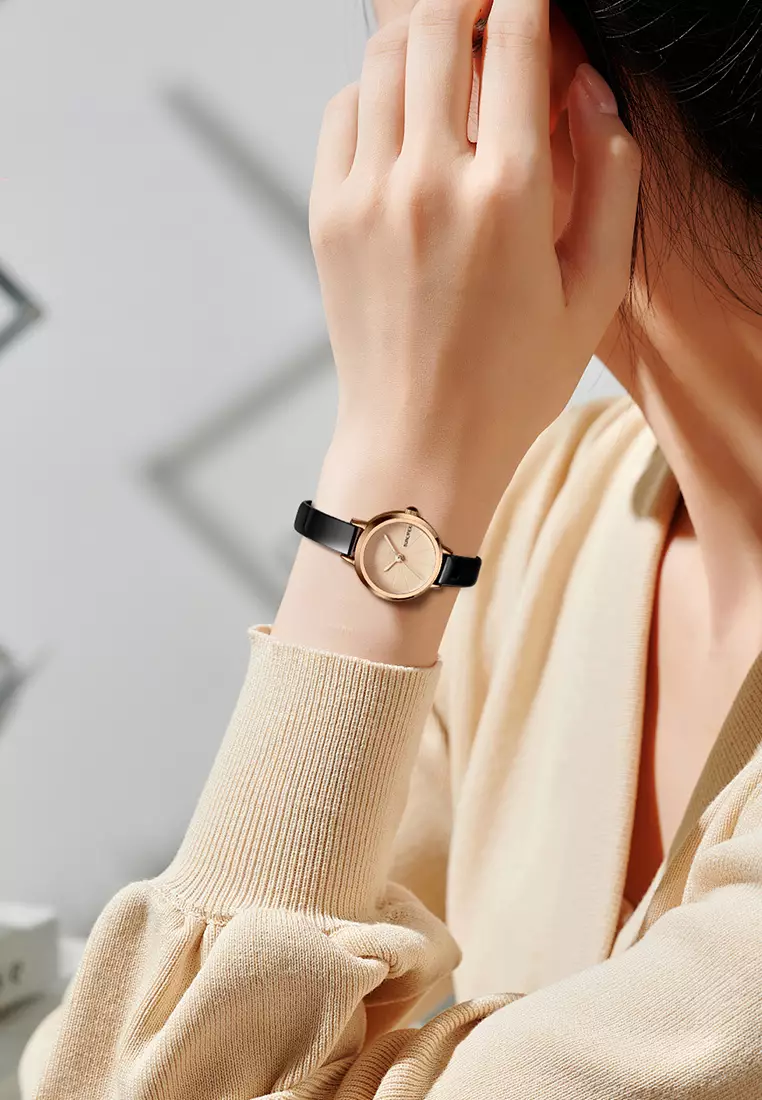 Jam Tangan Wanita Korea Retro Mini Dial Kasual Tali Kulit Jam Tangan Cewek Original black