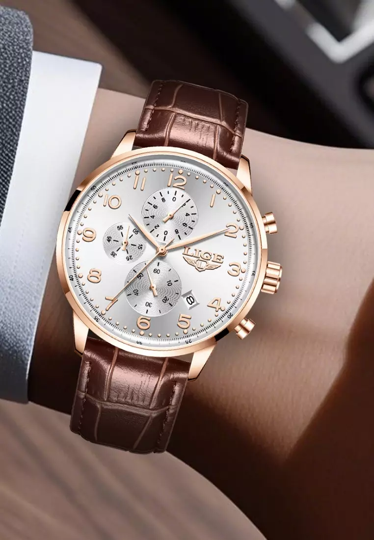 Chronograph Unisex Rose Gold Colored Quartz Watch 43mm, Silver Dial, Brown Leather Strap