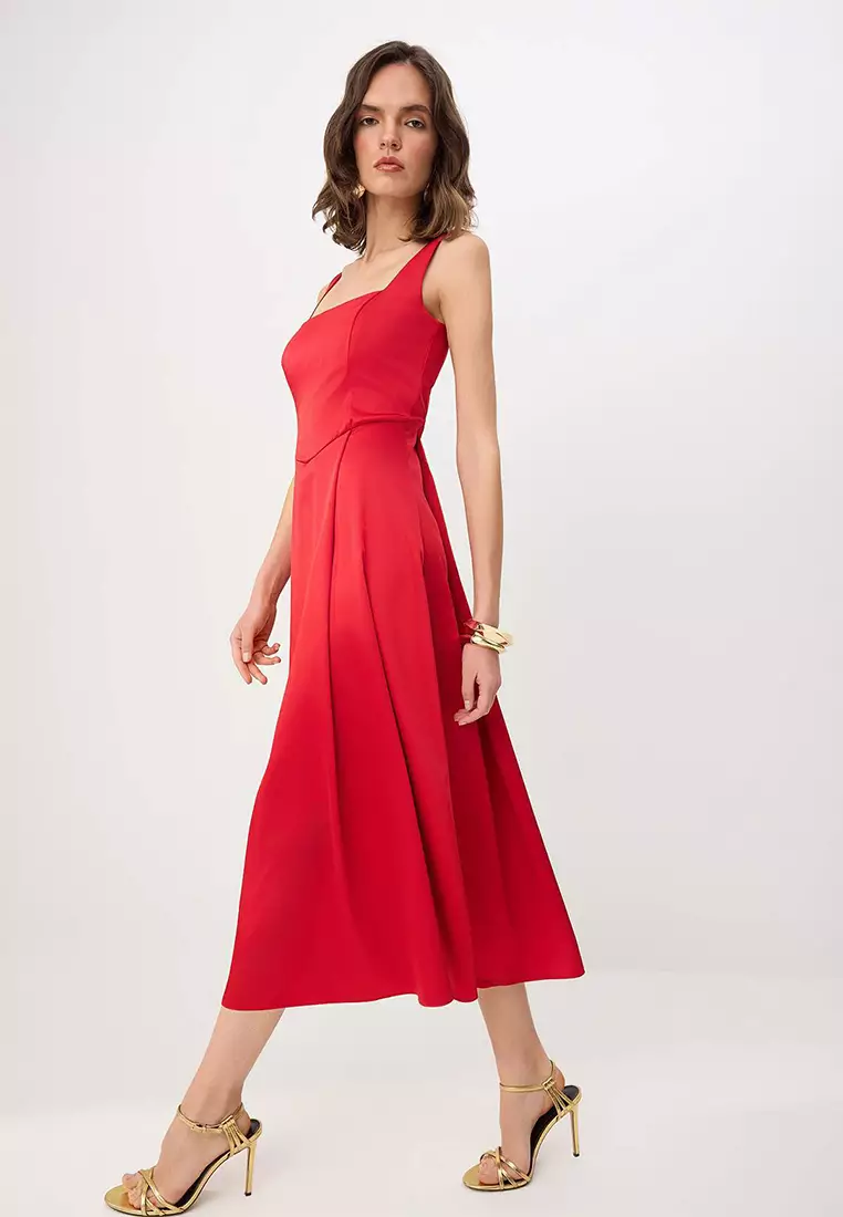 Red Straight Skirt With Open Waistline, Woven Satin Midi, Unlined, Stylish/Evening Dress