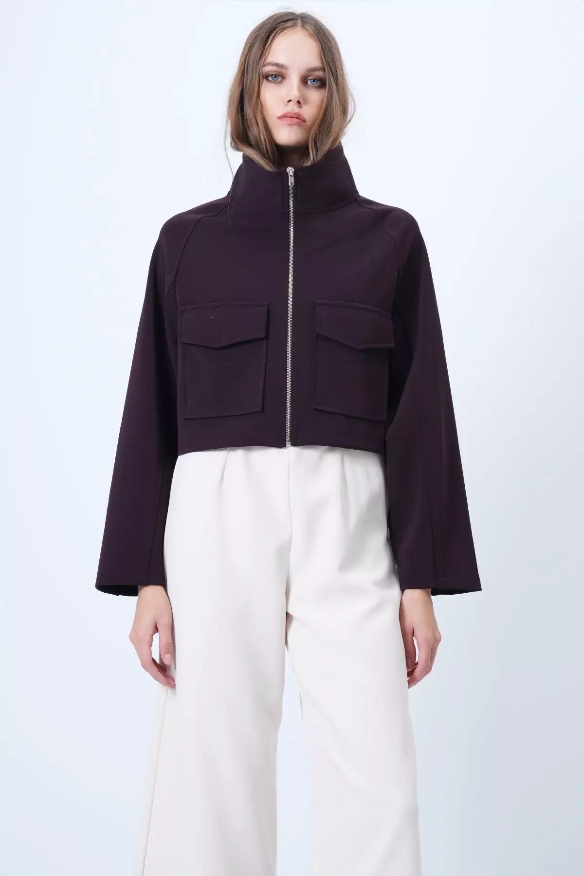 Women'S Purple Stand Collar Double Pocket Raglan Sleeve Jacket Alc-X14409