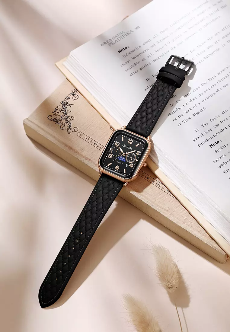 Jam Tangan Wanita Korean Kasual Mode Tali Kulit Kuarsa Jam Tangan Cewek Original allblack