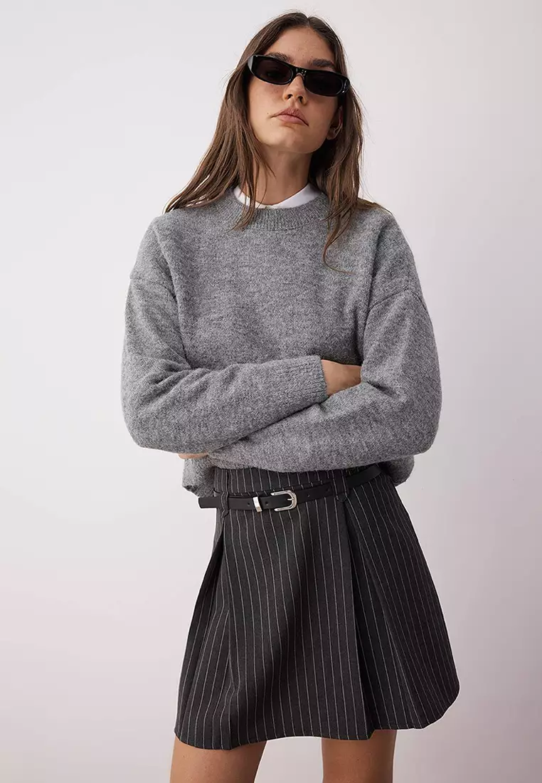Anthracite Belted Striped A-Line/Flare Woven Mini Skirt Twoaw26Et00031