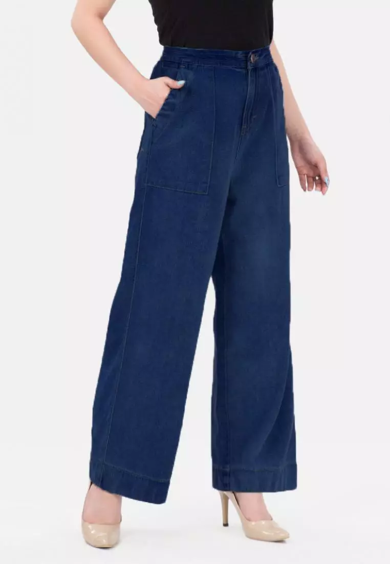 Elastic Waist Culotte Jeans in Navy