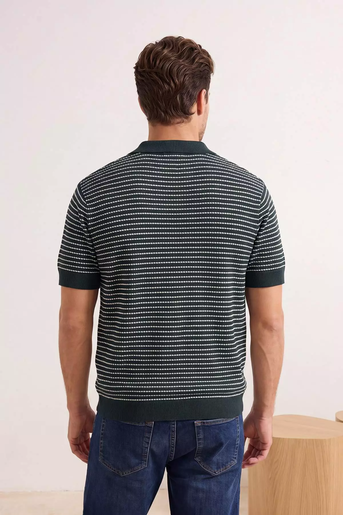 Emerald Green Relaxed Polo Neck Striped Polo Neck T-Shirt Tmnss23Po00026