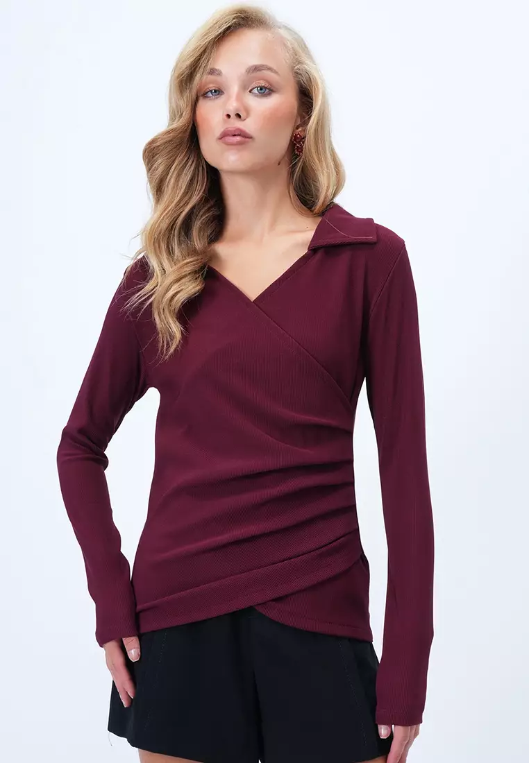 Shirt Collar Double Breasted Cut Drape Detailed Blouse