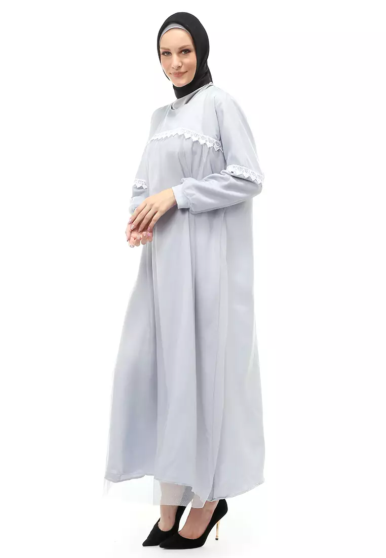 Adelia Gamis Muslimah Wanita Long Dress Motif Polos Premium Quality - Abu