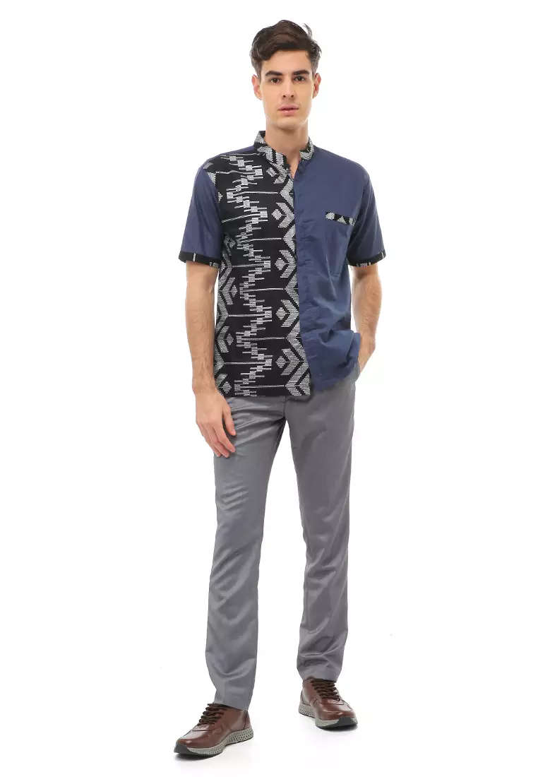 Dwan Atasan Formal Pria Kemeja Koko Batik Lengan Pendek Material Cotton ORIGINAL - Navy