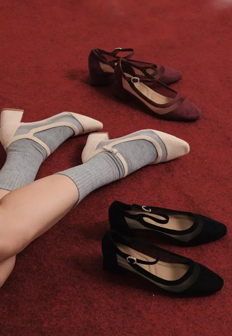 Elora Transparent Mesh Suede Block Heels Mary Jane in Beige