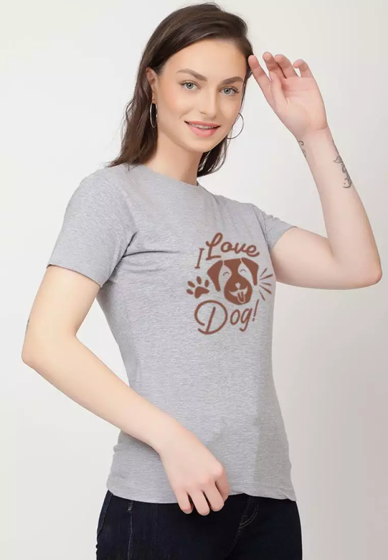 Love Dog Relaxed Short Sleeve Stylish Grey Cotton Casual Graphic Print Tee/TShirt