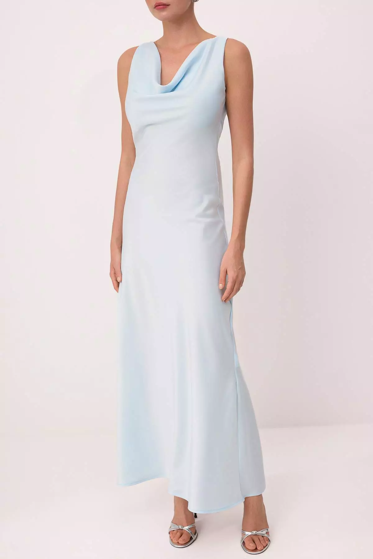 Light Blue Plain Weave Satin Maxi Unlined Stylish/Evening Dress