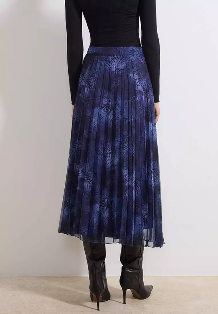 Navy Blue Patterned Lined Chiffon Pleated Midi Skirt Twoaw26Et142