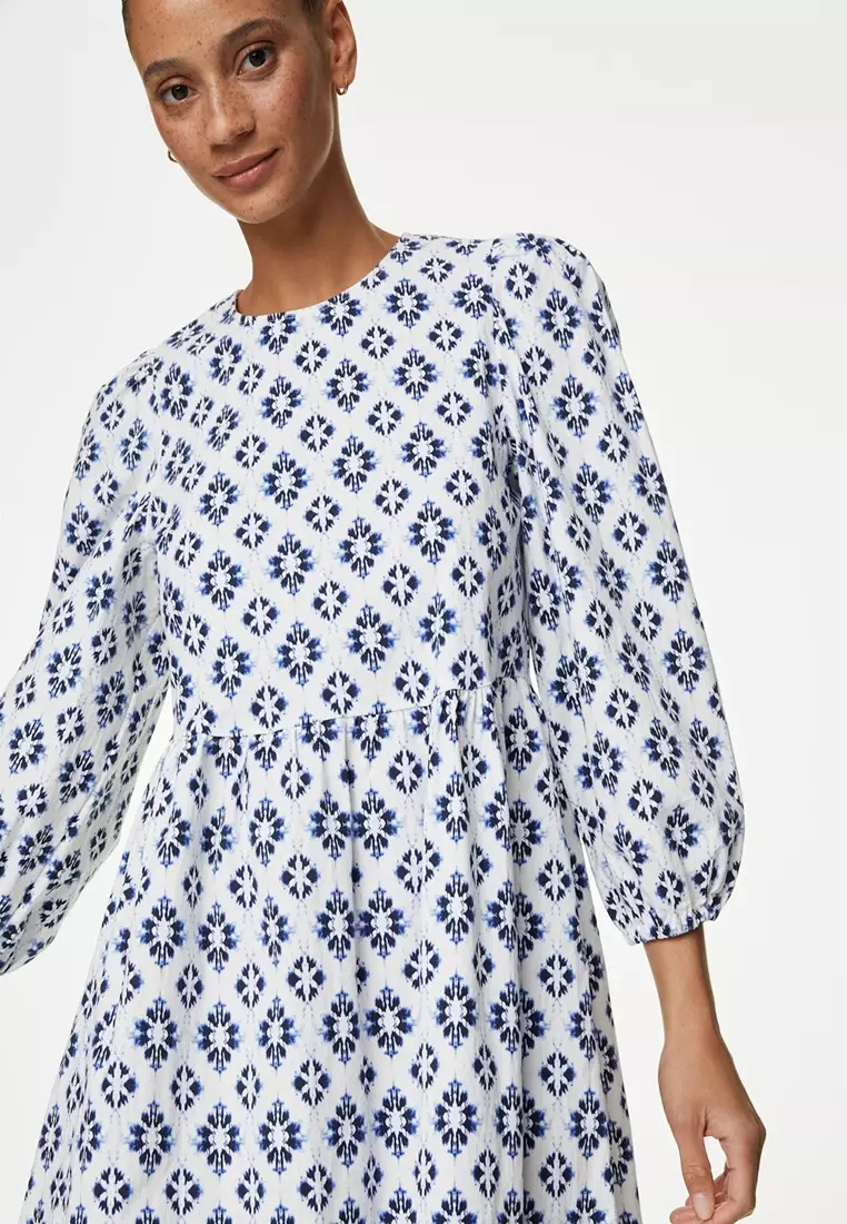 Cotton Rich Printed Midi Waisted Dress