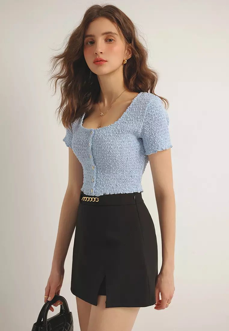 Waistline Chain High Waist Front Slit Mini Skirt