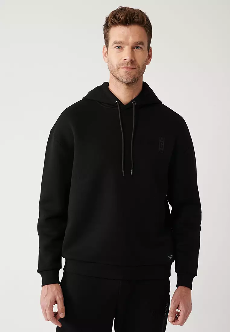 Men's Black Hooded 3 Thread Raised Sweatshirt A32Y1190