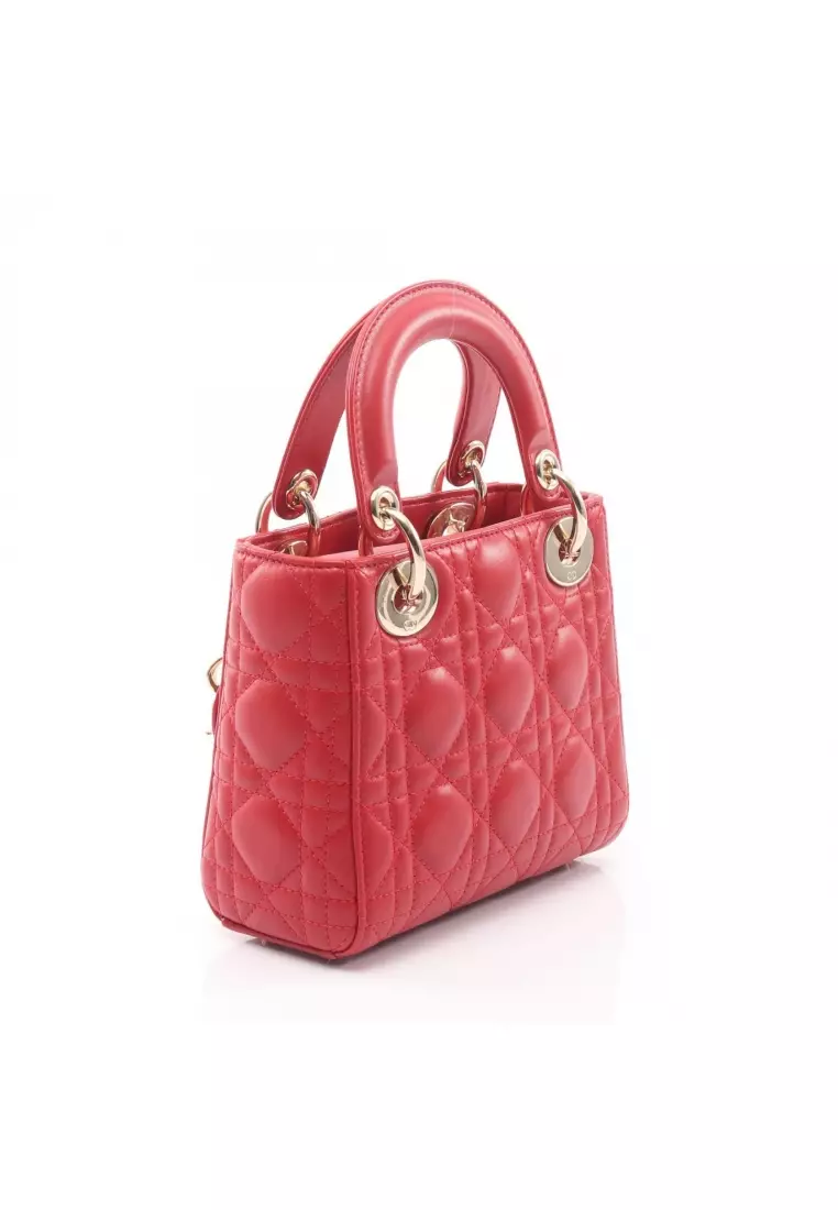 Pre-Loved Christian Dior lady dior mini Canage Handbag heart leather Red 2WAY