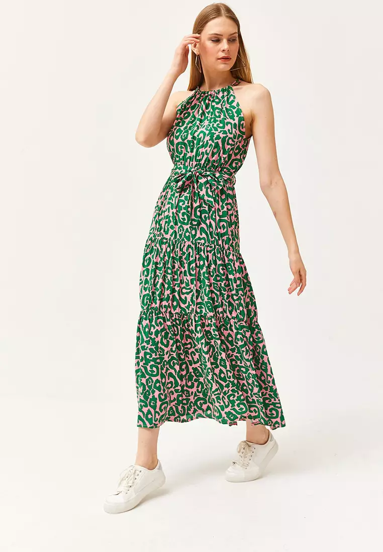 Halter Neck Belted Woven Viscose Dress