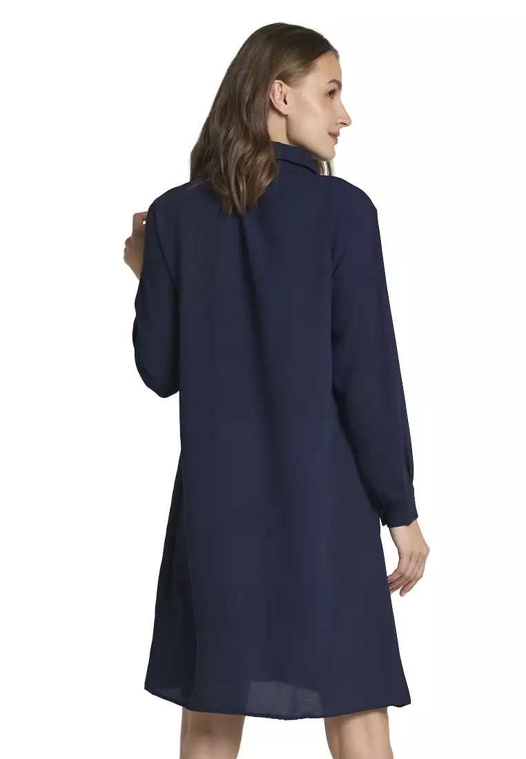 Catren Mini Dress Wanita Lengan Panjang Motif Solid Design Kasual Regular Fit - Navy