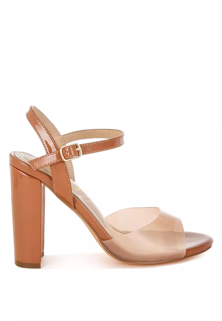 Discount on London Rag  shoes - SKU: Tinted Clear Strap Block Heel Sandals in Tan