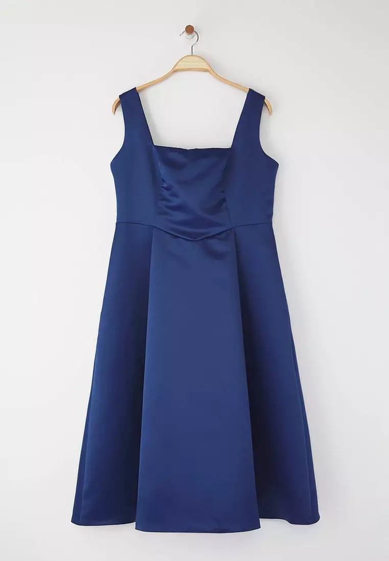 Navy Blue Satin Woven Large Size Dress