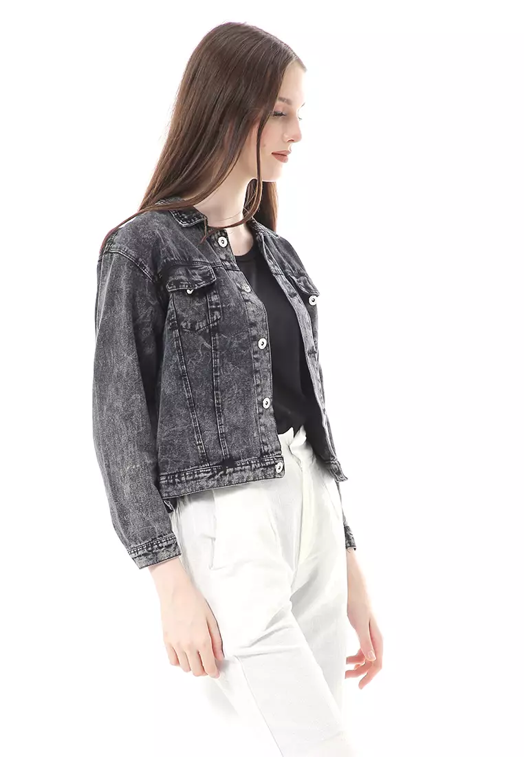 Bilah Jacket Jeans Biondy Atasan Wanita Crop All Size Premium Quality - Snow Black