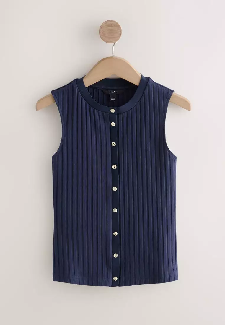 Ribbed Button Through Sleeveless Top