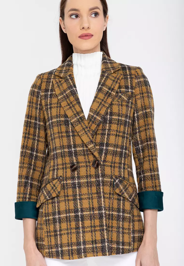 Contrast Cuff Woolen Plaid Blazer