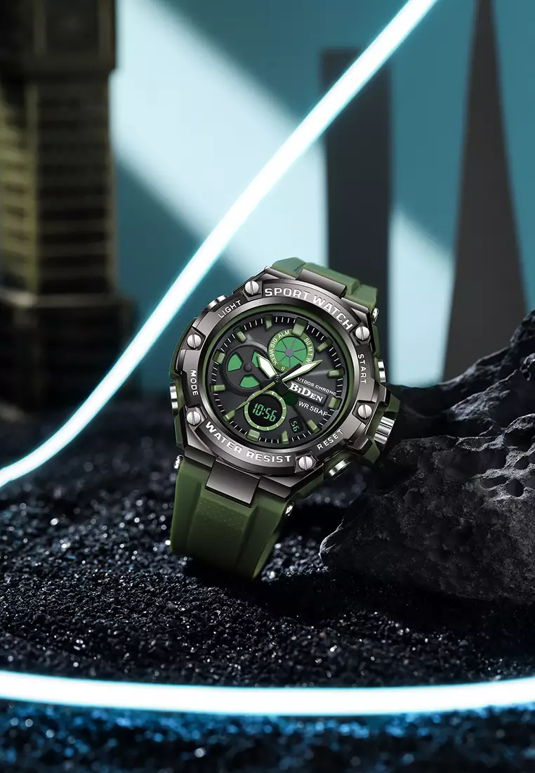 Jam Tangan Pria Original Digital&Analog Bercahaya Anti Air Alarm Tali Silikon Jam Tangan Cowok Olahraga green