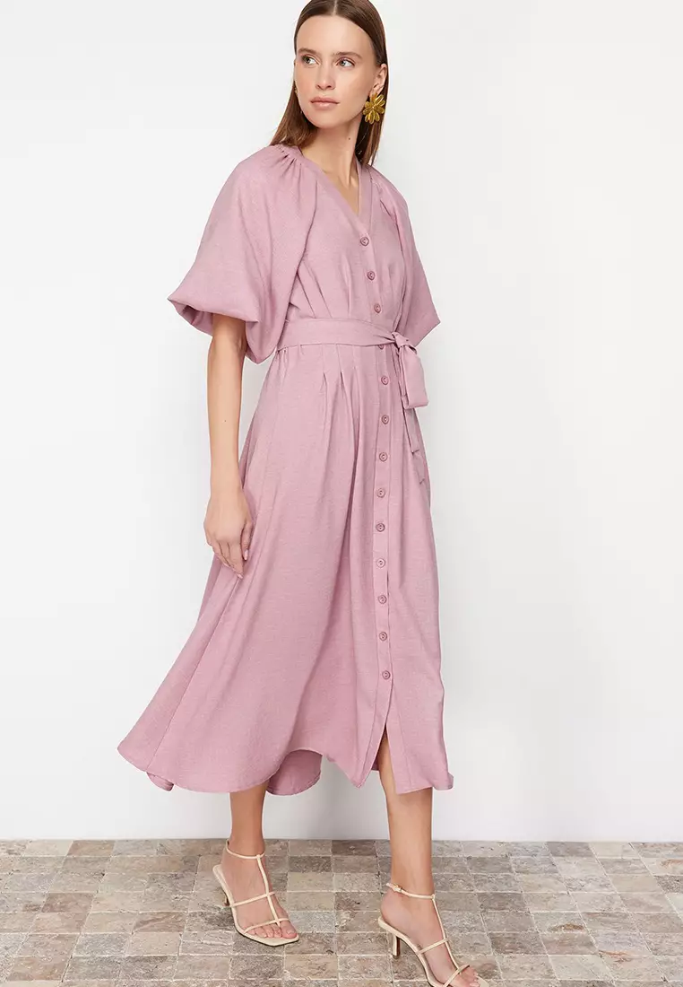 Pink Belted Half Balloon Sleeve Linen Look Woven Shirt Dress Tctss24Eb00014