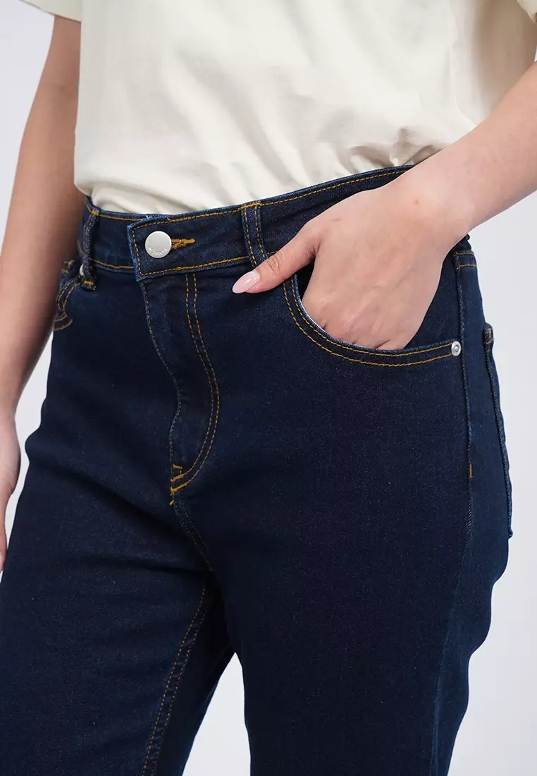 Straight Unfinished Hem Denim Pants DARK BLUE