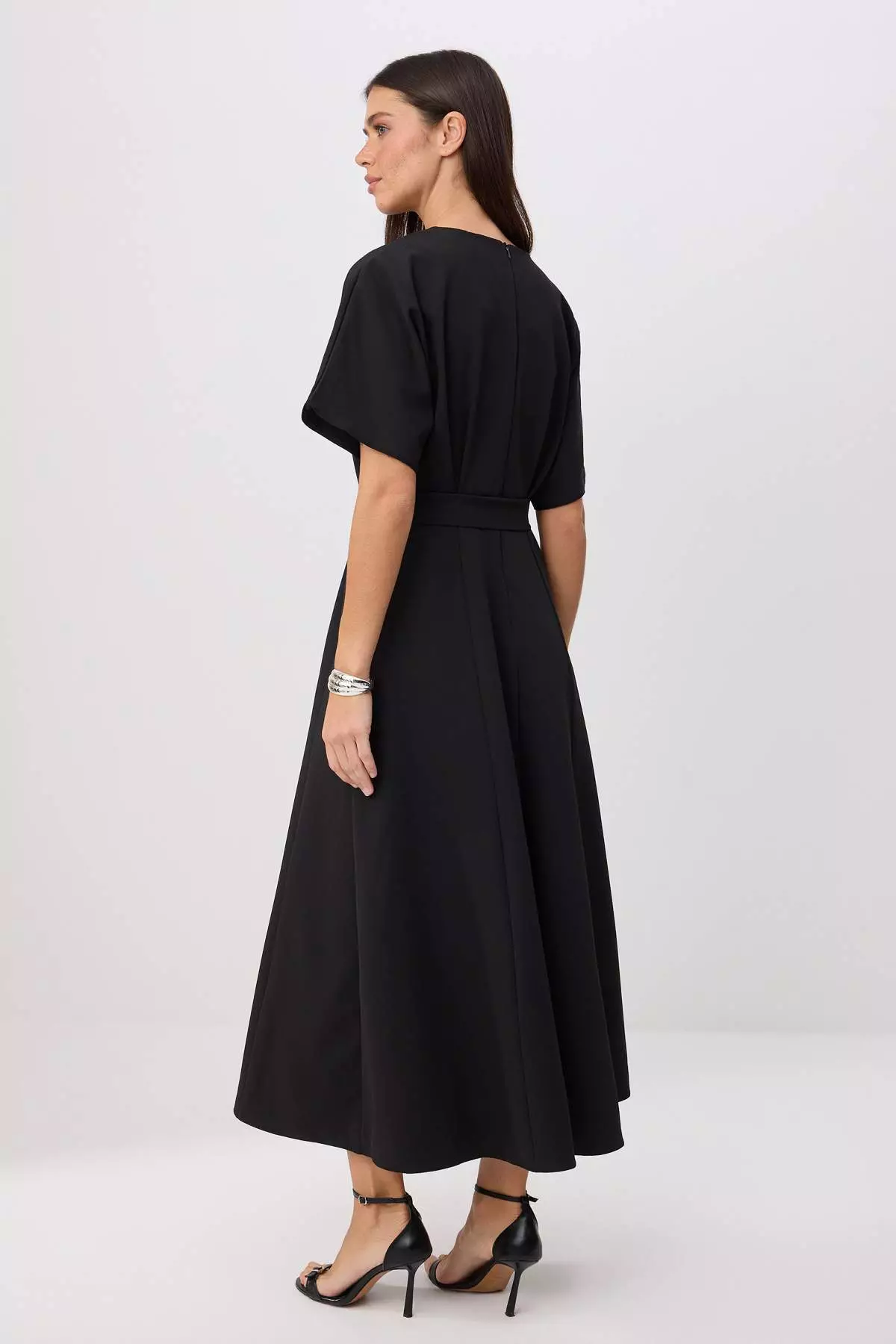 Black Belt Piece Plain Belt Piece Midi Woven Dress Twoss25El00804