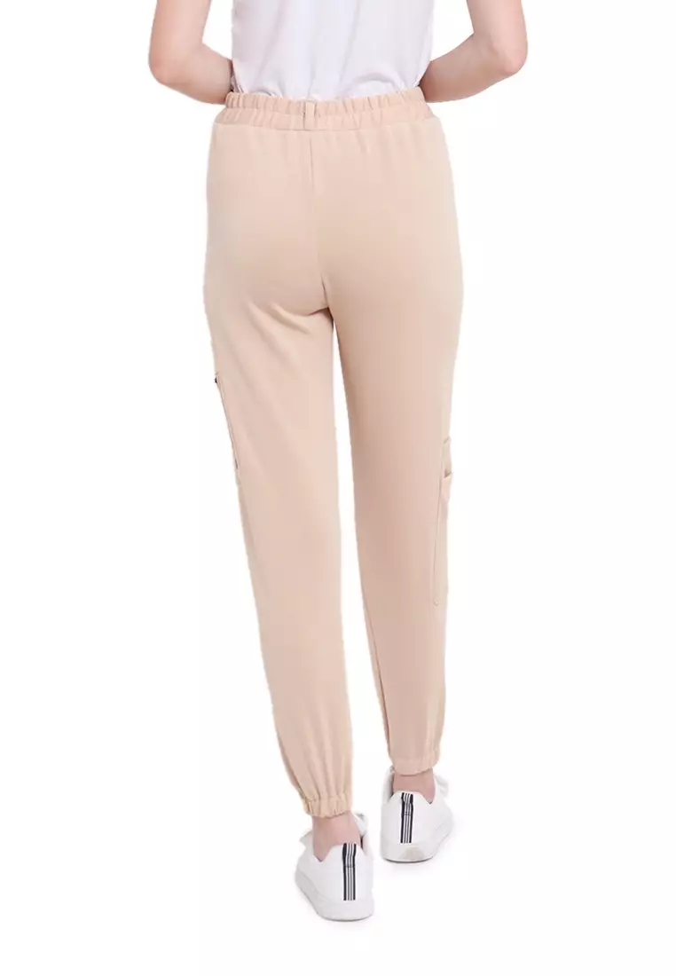 Levana Celana Jogger Zipper Long Pants Rubbery Waist Bawahan Wanita - Cream