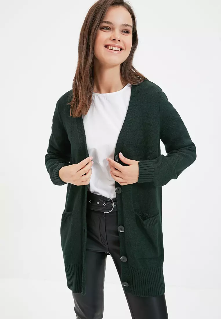 Dark Green V-Neck Long Knitwear Cardigan with Pocket Detail with Buttons