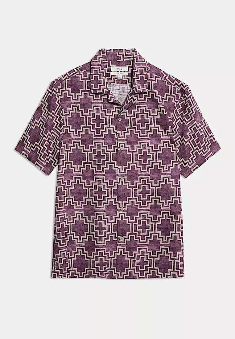Linen Blend Geometric Print Short Sleeve Shirt