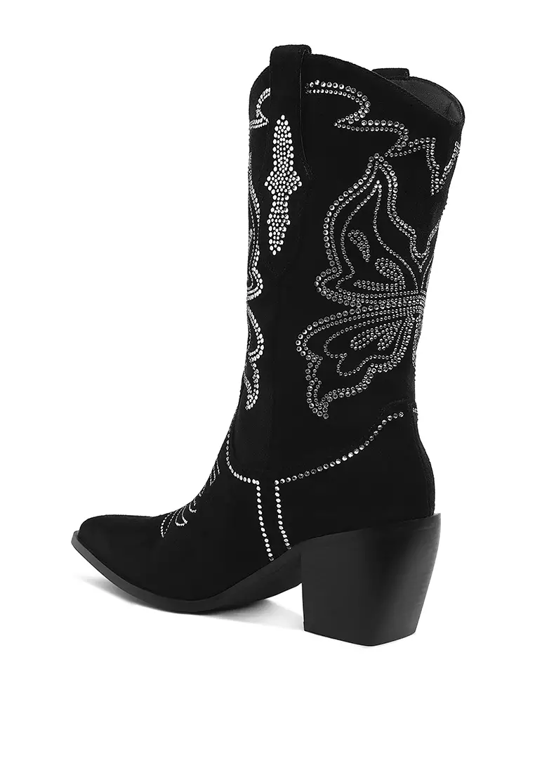 Rhinestones Embellished Cowboy Boots in Black