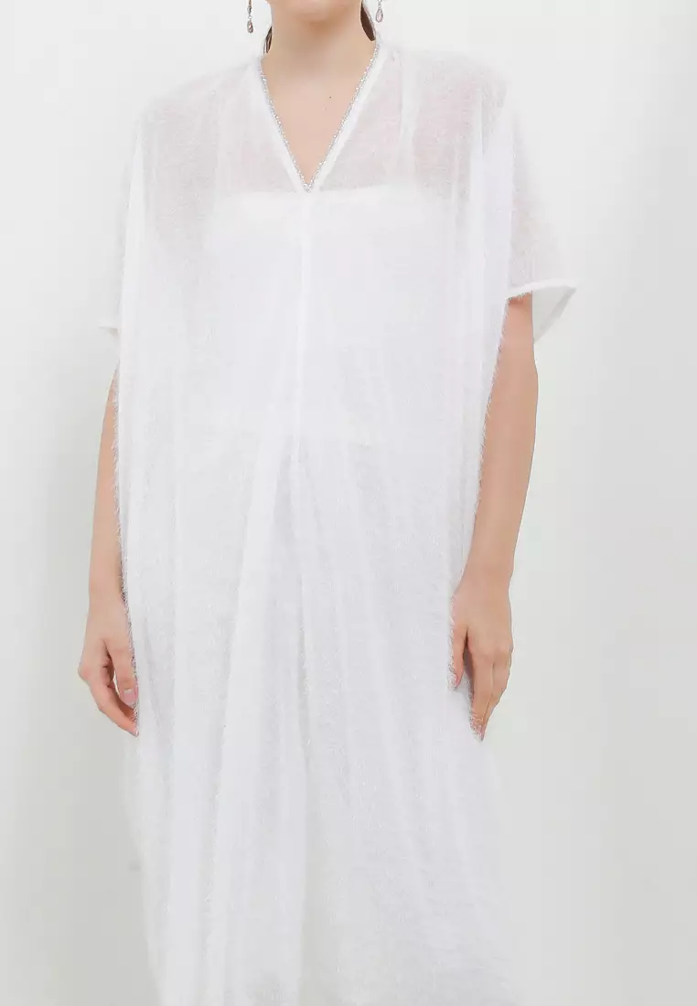 V Neck Beads Detail Furry Kaftan