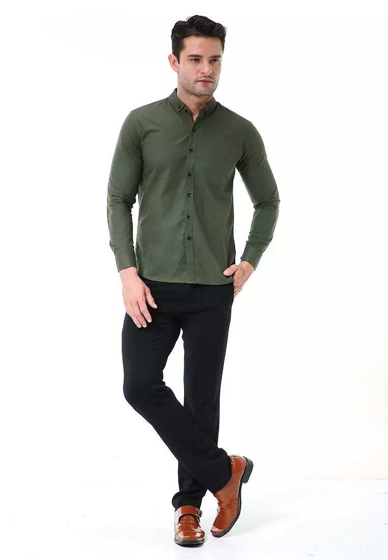 Leopold Kemeja Basic Pria Motif Polos Long Sleeve Material Cotton ORIGINAL - Army Green