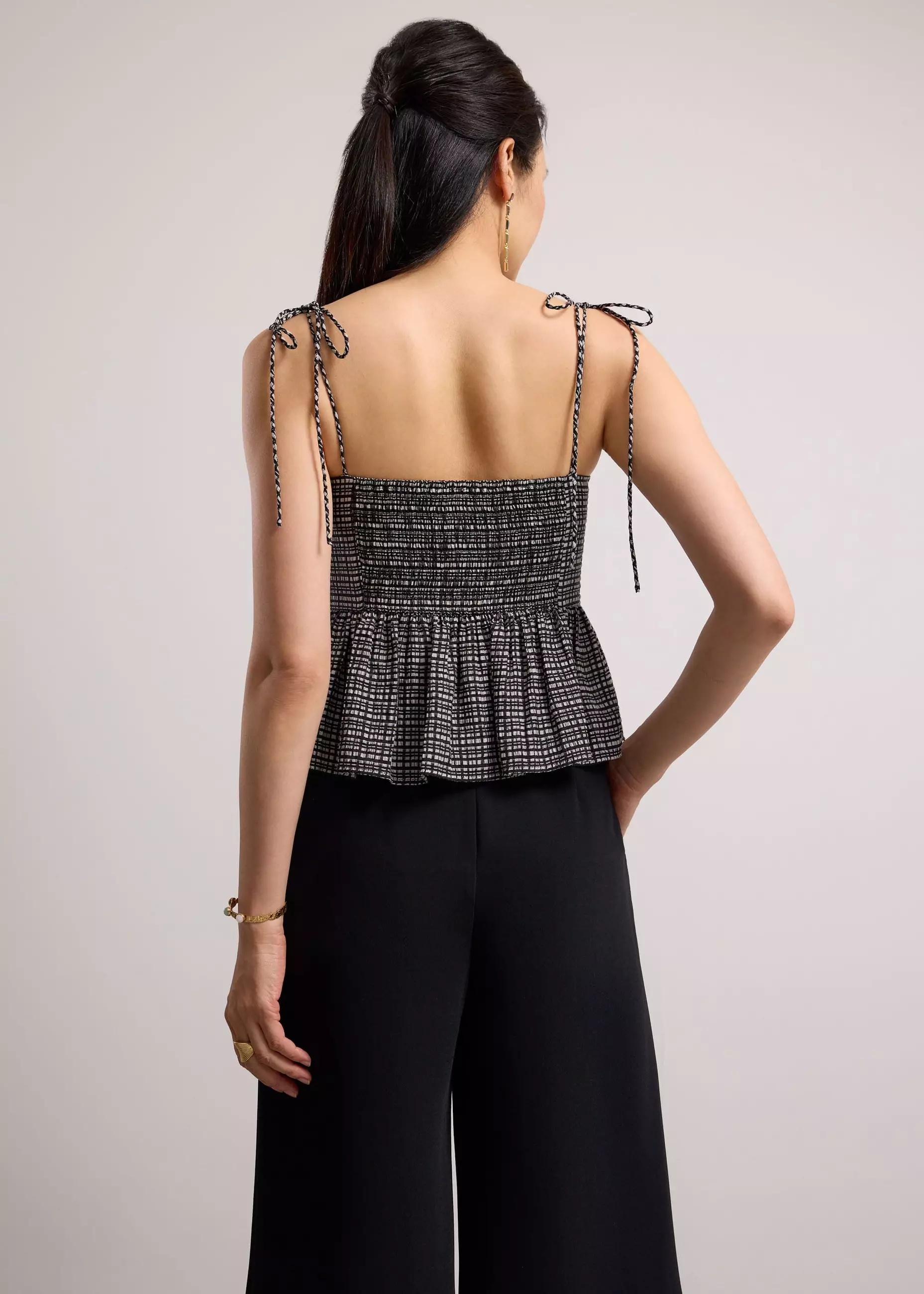 Atasan Wanita - Crinkled Check Lyocell Sweetheart Camisole Peplum Top