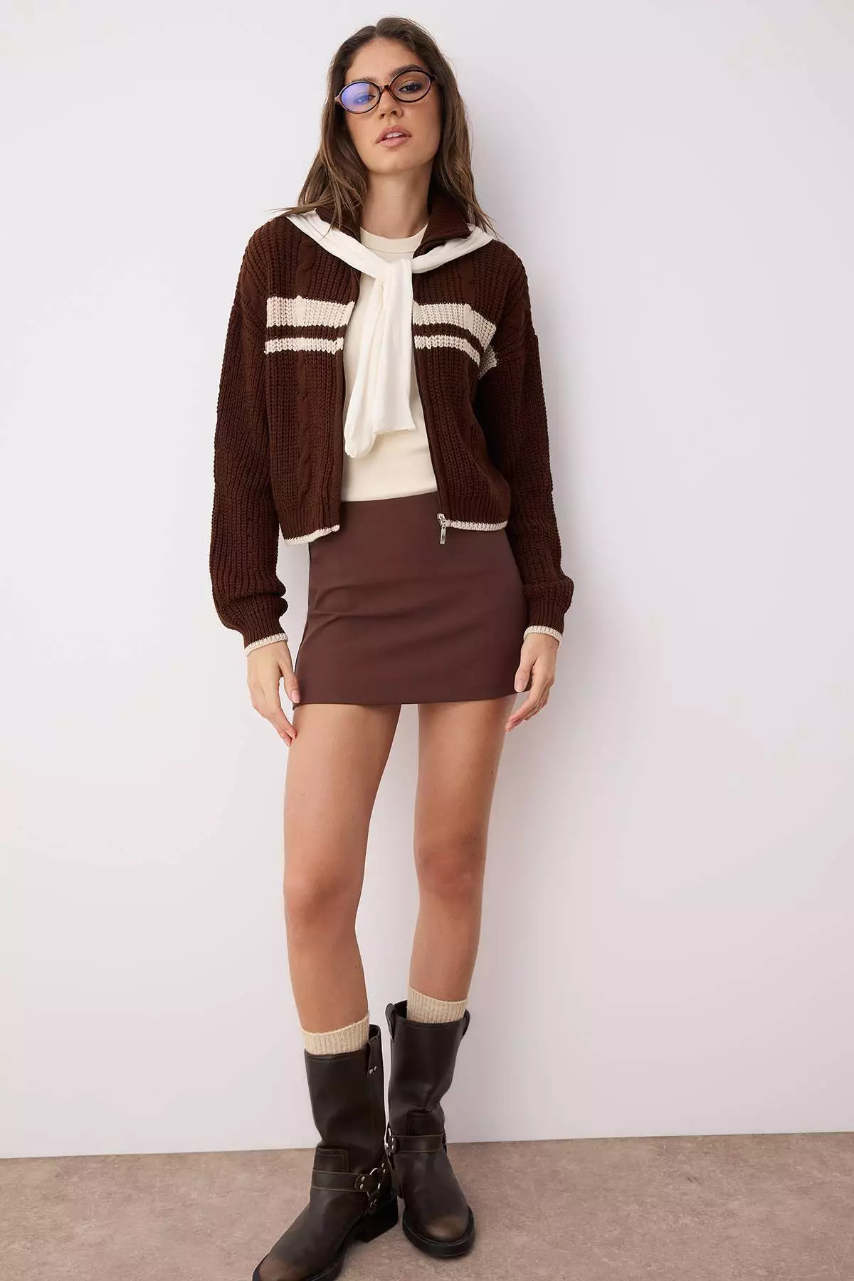 Brown Crop Block Stand Collar Knitwear Cardigan