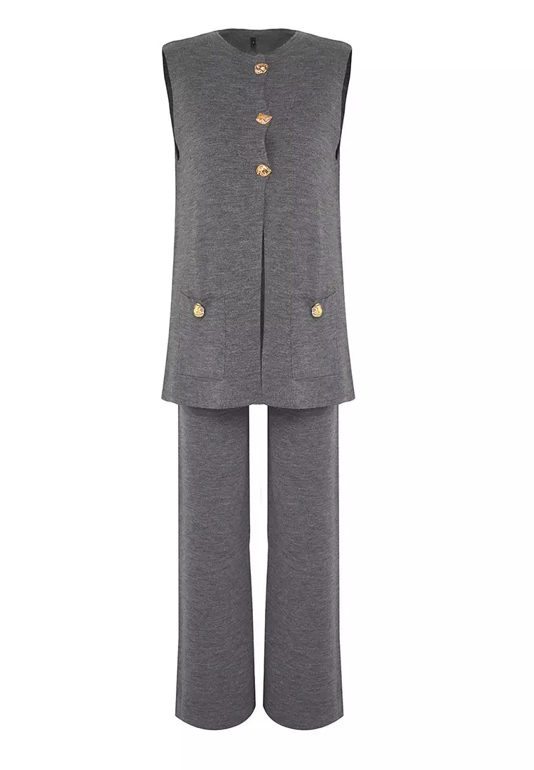 Anthracite Wide Fit Button Detailed Vest Pants Knitwear Top And Bottom Set