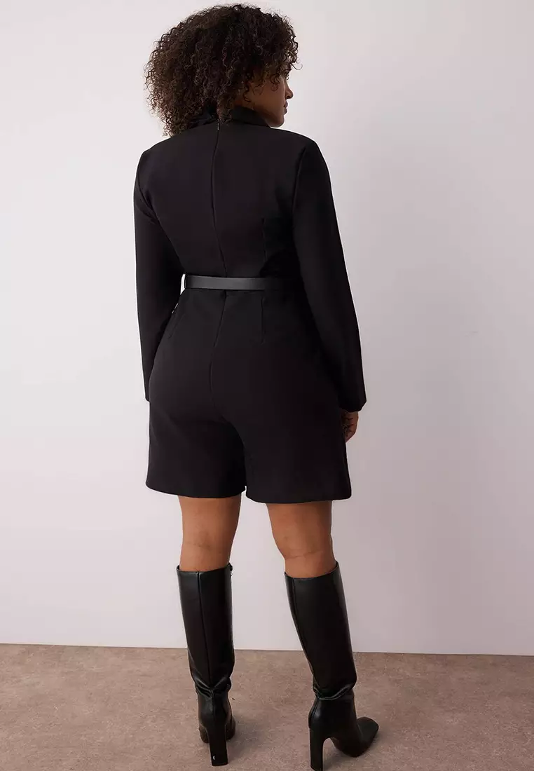 Black Woven Belt Dress Look Mini Plus Size Jumpsuit Tbbaw26Bg00000