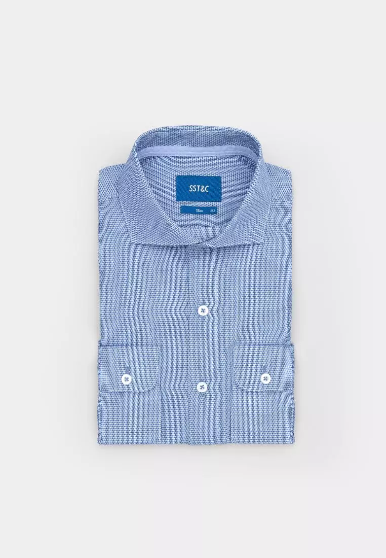 Blue and White Textured Slim Fit Shirt