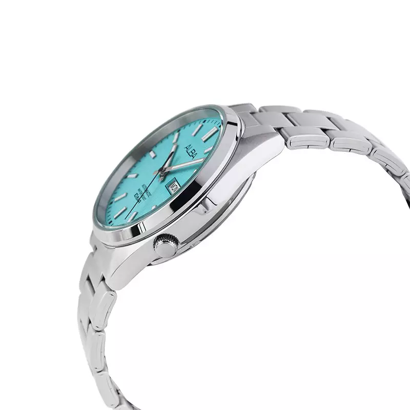 Jam Tangan Pria Alba Mechanical AL4321X1 Automatic Men Light Blue Patterned Dial Stainless Steel Strap